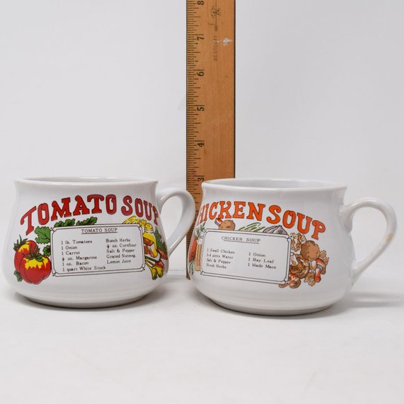 2 Vintage Tomato Chicken Soup Recipe Mug Bowl Set Ingredients 70s Comfort Food - Picture 11 of 14